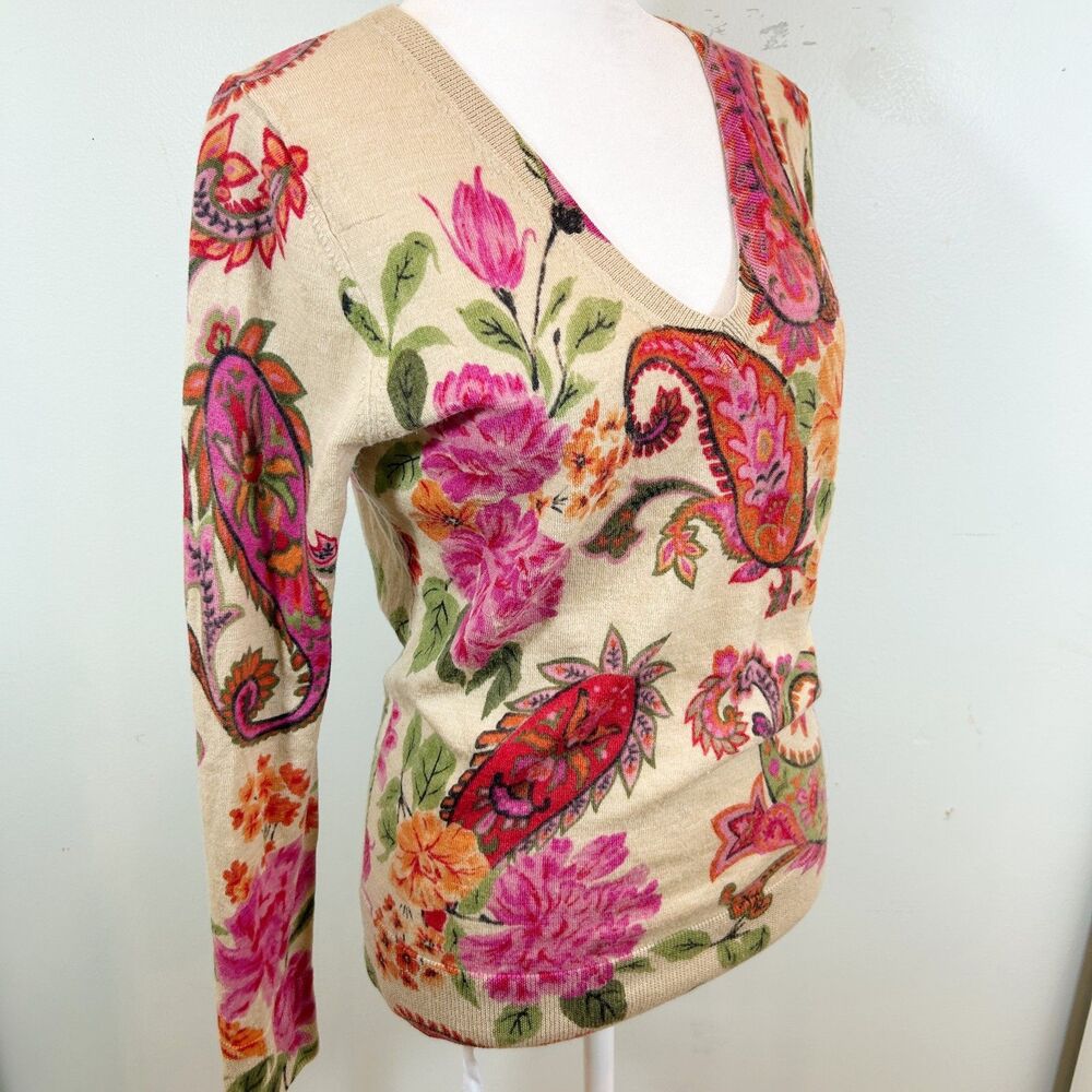 Talbots Merino Wool Tan Pink Floral Knit Sweater Boho Classic Romantic